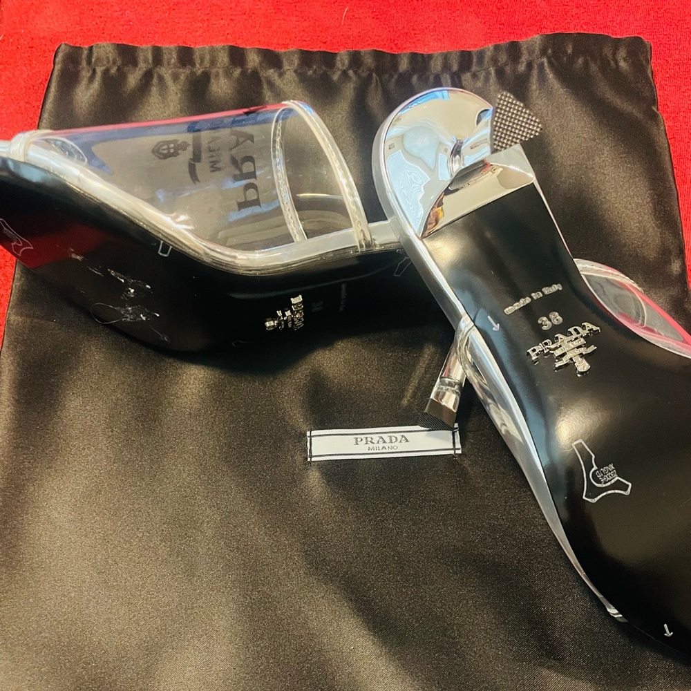 PRADA plexiglass sandals. Please note, it’s narrow width. Brand new and unworn.